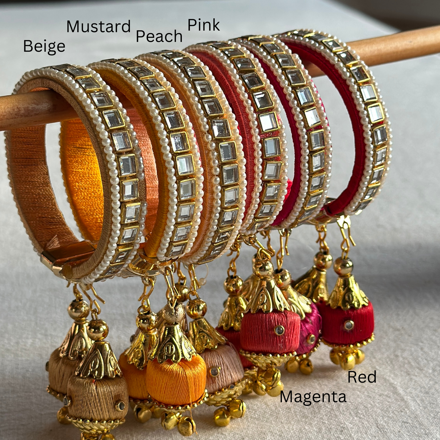 Silk Thread Polki Mirror & Pearl Detail Tassel Jhumki Cuffs