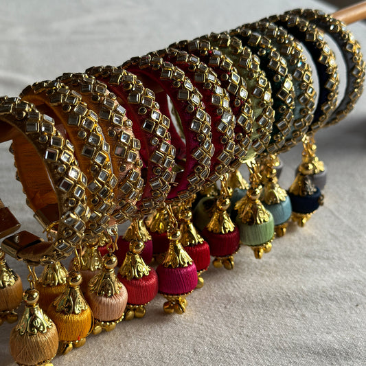 Silk Thread Polki Mirrored Tassel Jhumki Bangle Cuffs