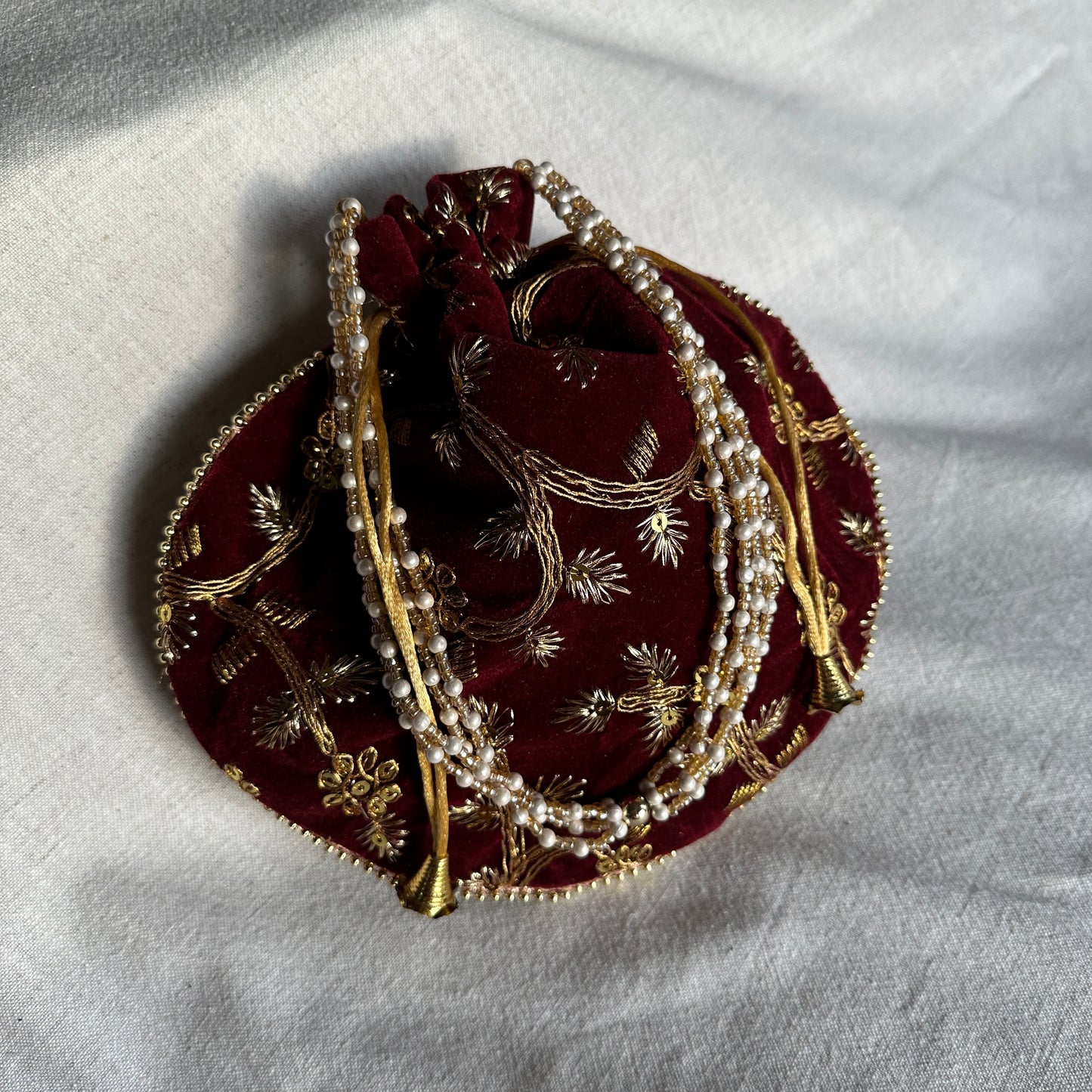 Velvet Embroidered Pearl Potli Bags